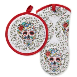 Retired SKULL AND VINE SUGAR Oven Mitt & Pot Holder Set|Fiesta Factory Direct Sale